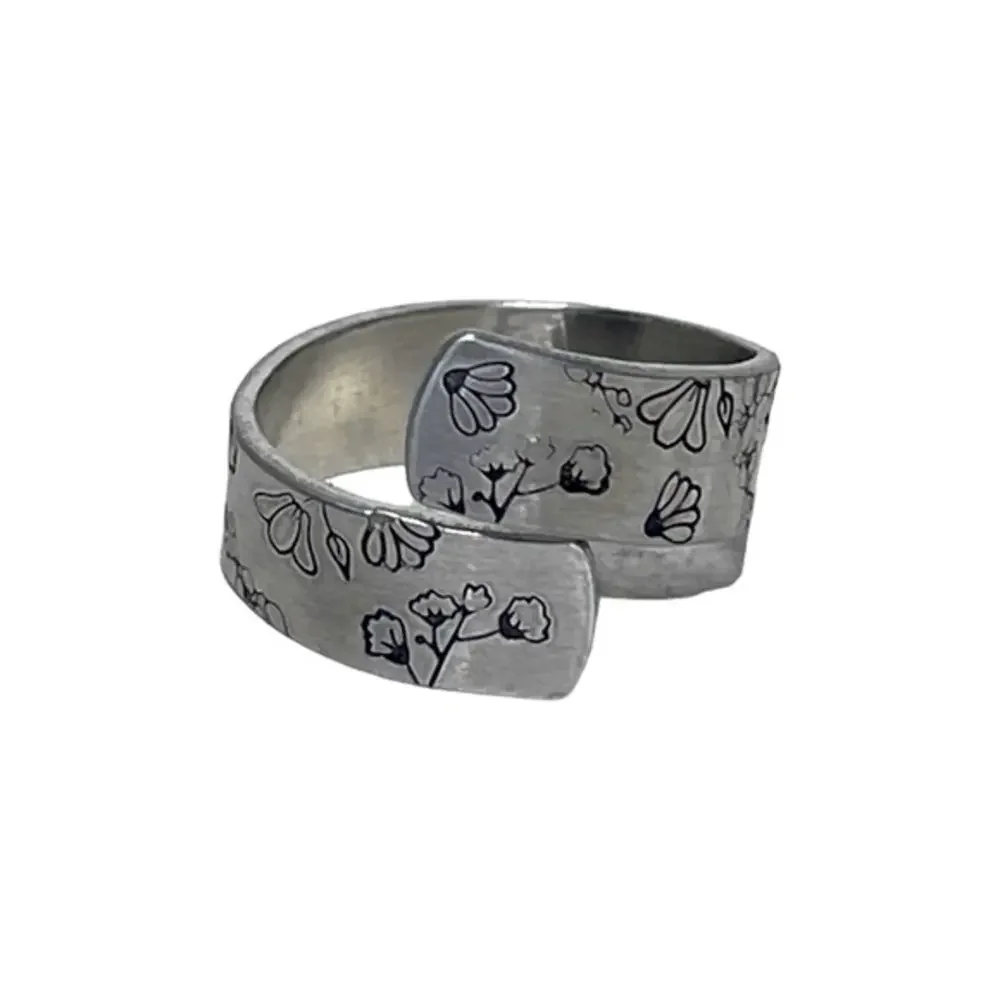Handmade 7 stamped floral adjustable silver hypoallergenic aluminum wrap‎ ring